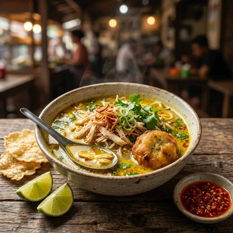 Bowl of traditional Soto Medan coconut soup with chicken and potato fritter