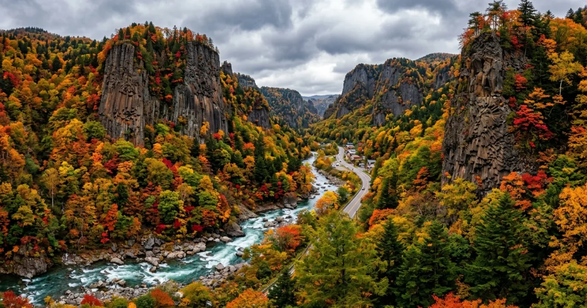 Panoramic view of Sounkyo Gorge with towering rock cliffs and autumn foliage in Hokkaido