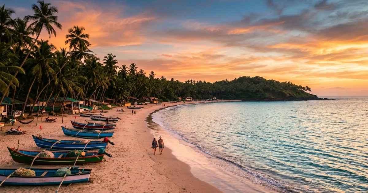 Panoramic view of Palolem Beach in South Goa during golden hour sunset