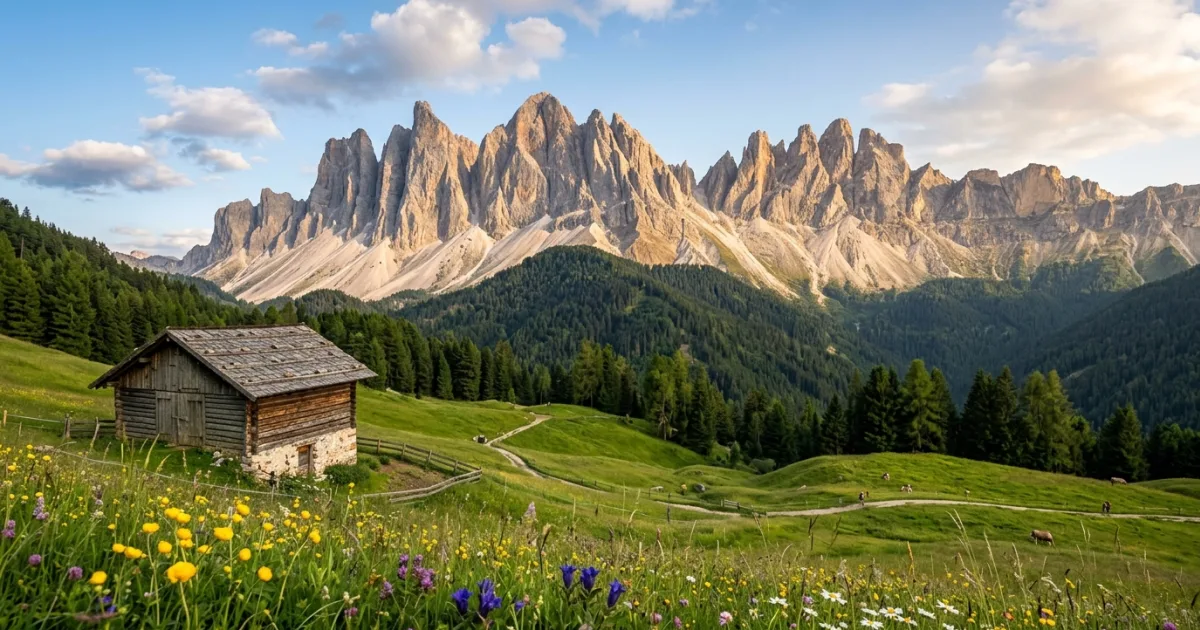 Panoramic view of green alpine meadows and sharp Dolomite peaks in South Tyrol Italy