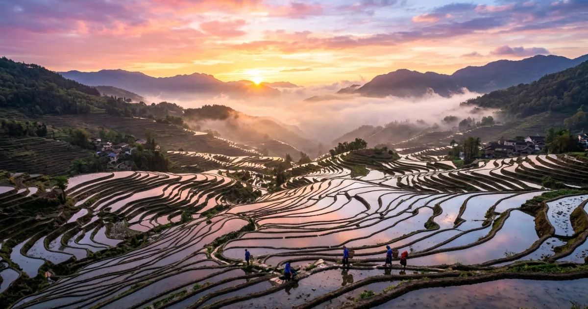 Panoramic sunrise over the flooded Yuanyang Hani rice terraces in Southeast Yunnan