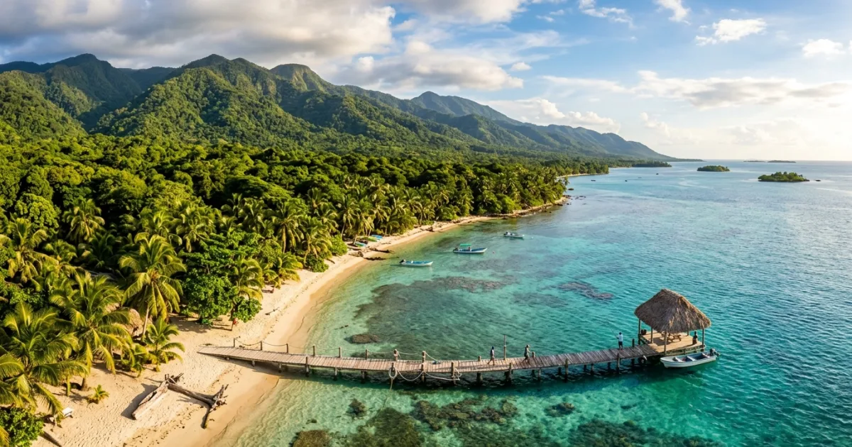 Panoramic coastline and rainforest of Southern Belize