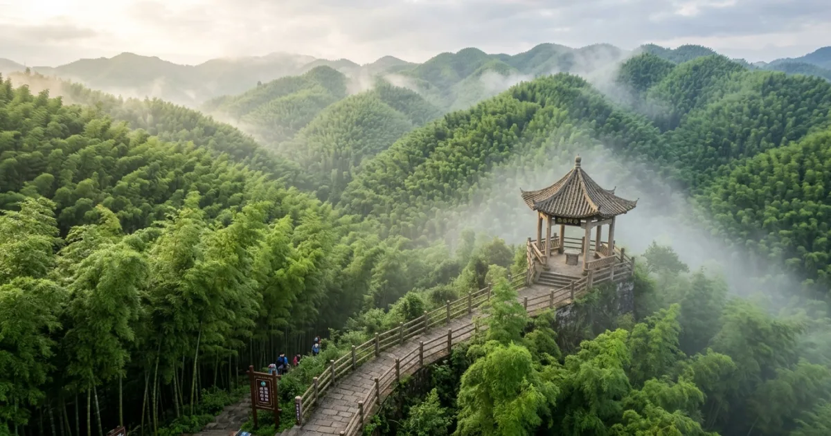 Panoramic view of the misty Shunan Bamboo Sea landscape in Southern Sichuan