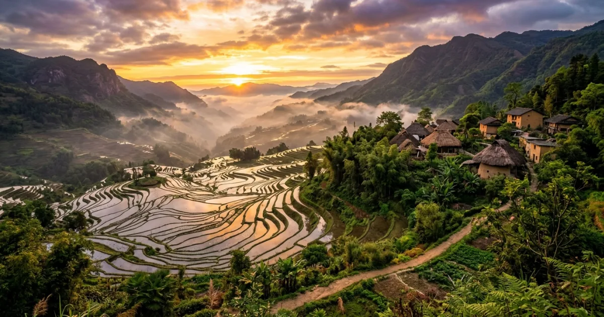 Flooded Yuanyang rice terraces reflecting golden sunrise light in Southern Yunnan