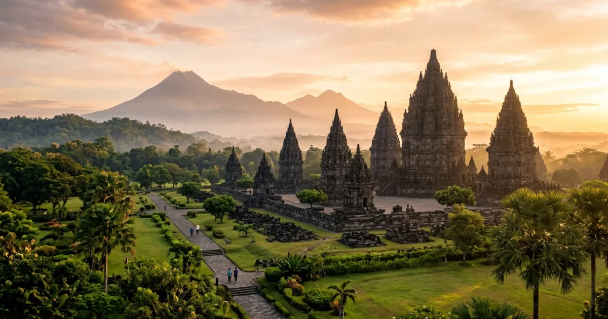 Panoramic sunrise view of Prambanan Hindu Temple complex with Mount Merapi in the background in Yogyakarta