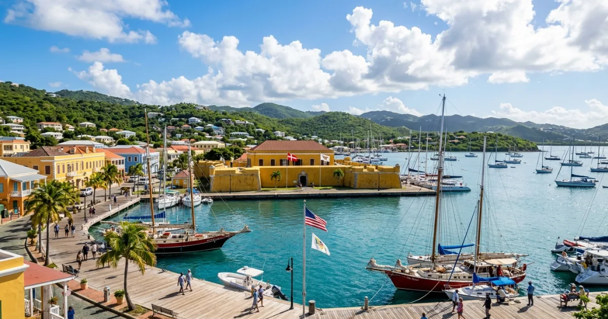 Panoramic view of Christiansted harbor and historic yellow Fort Christiansvaern in St Croix