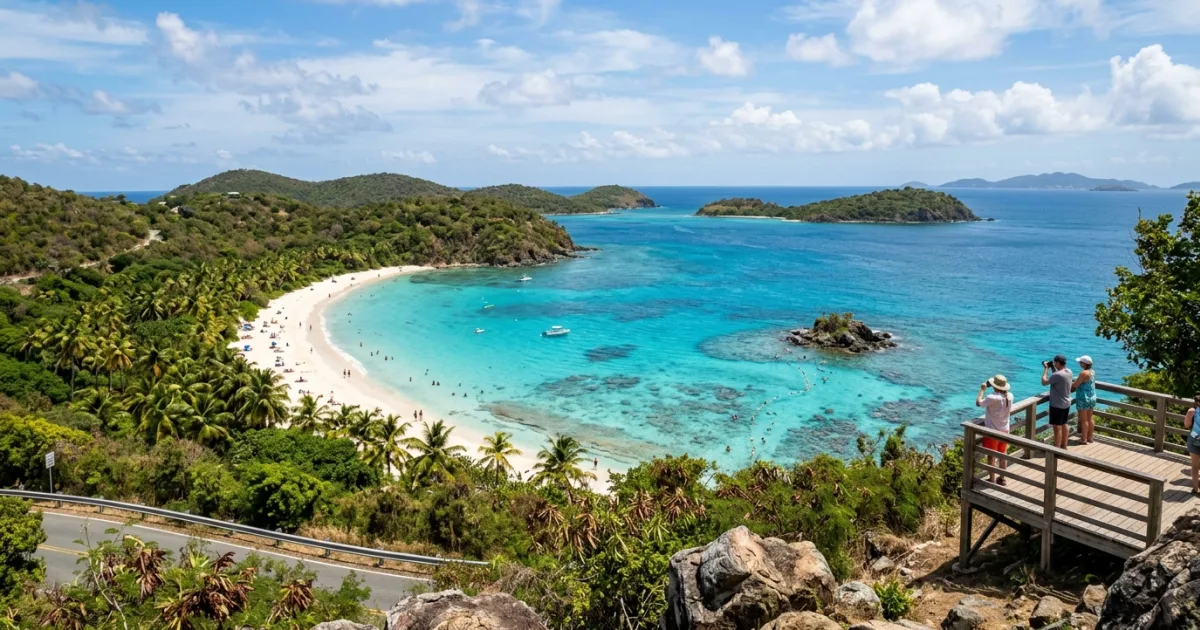 Panoramic aerial view of Trunk Bay in St John USVI featuring white sand and turquoise sea
