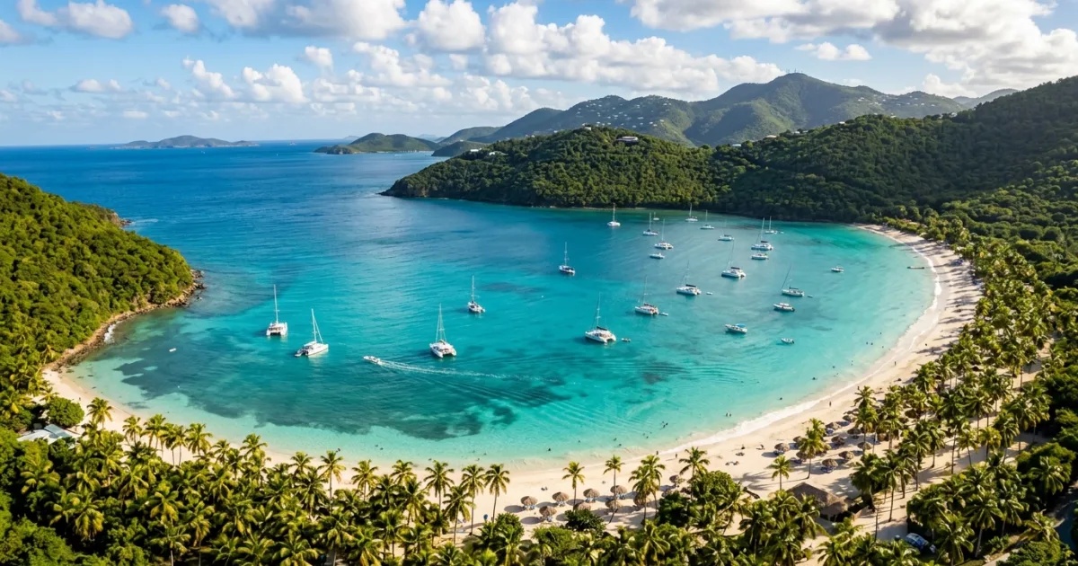 Panoramic aerial view of Magens Bay turquoise water and green hills in St Thomas