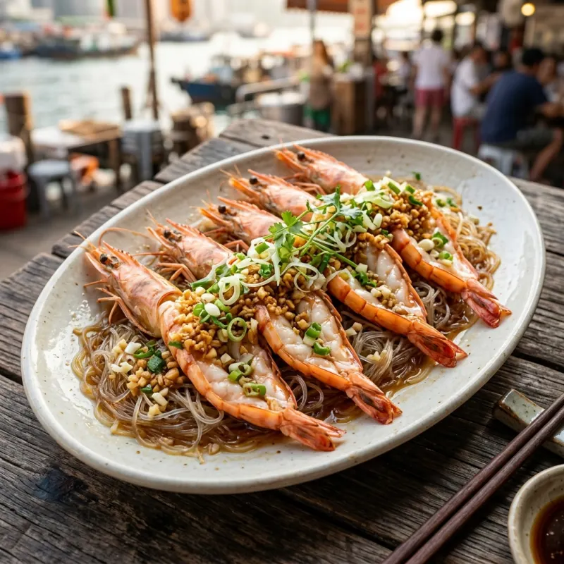 Authentic Cantonese steamed prawns with garlic and glass noodles on a restaurant table