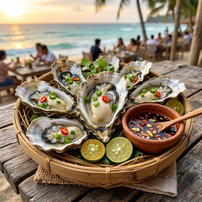 Freshly steamed talaba oysters served with calamansi on a rustic wooden table in Roxas City