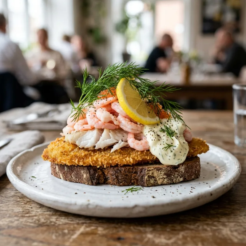 Authentic Danish Stjerneskud open sandwich with fried fish and shrimp