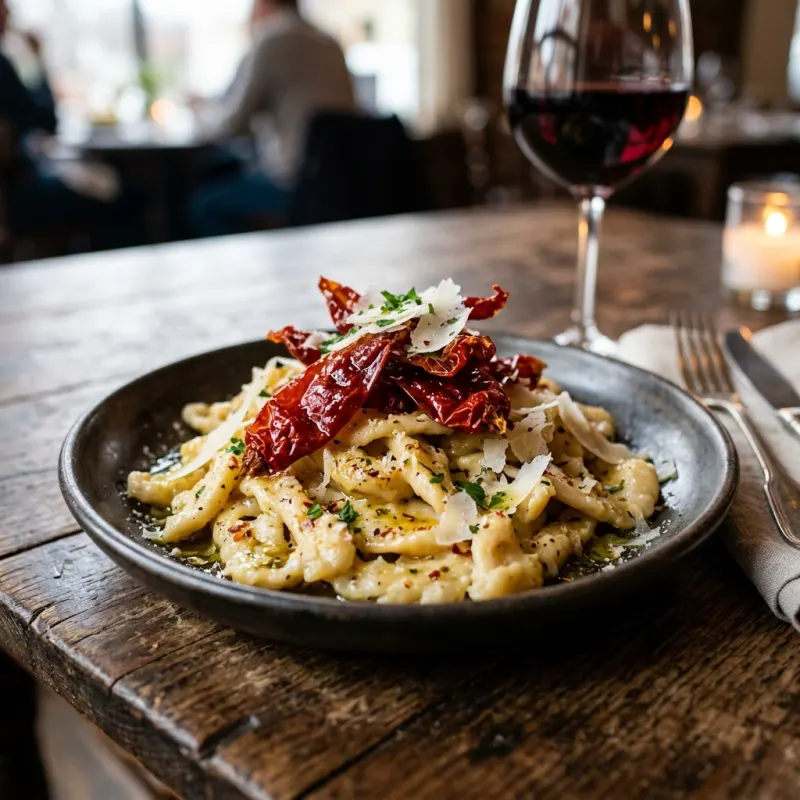 Authentic dish of strascinati pasta with crispy crusco peppers and shaved cacioricotta cheese