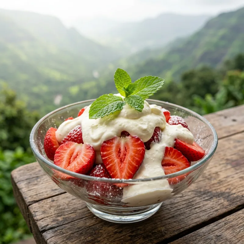 Freshly sliced strawberries topped with rich clotted cream in a glass bowl