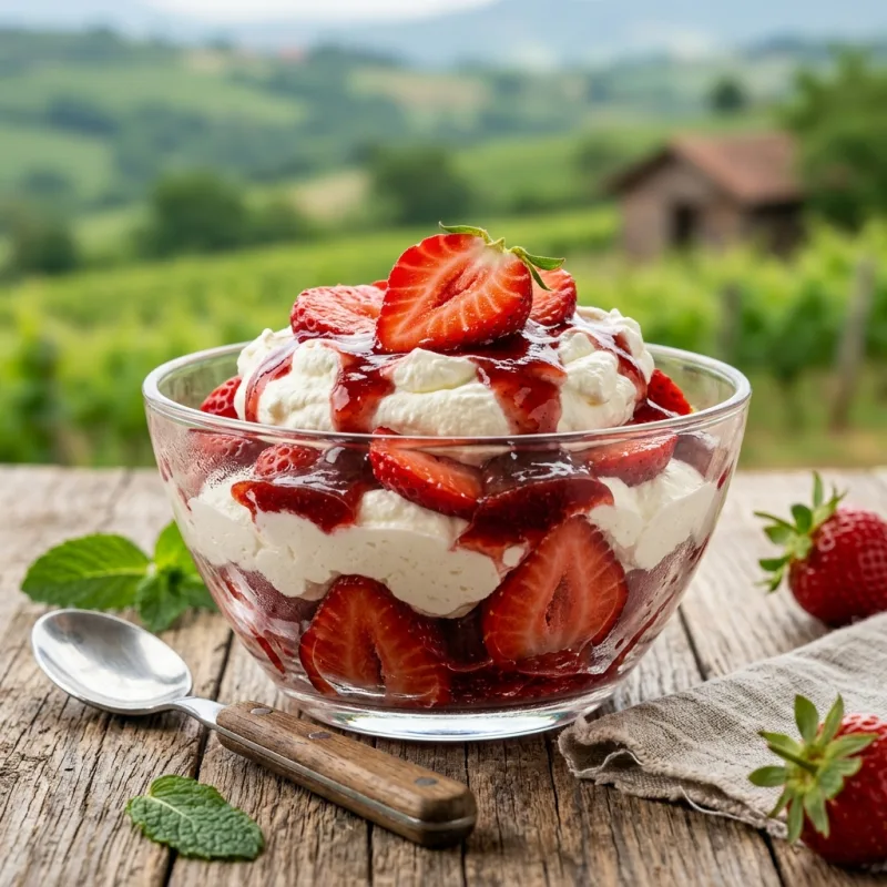 Bowl of fresh strawberries layered with thick white cream and syrup in Panchgani