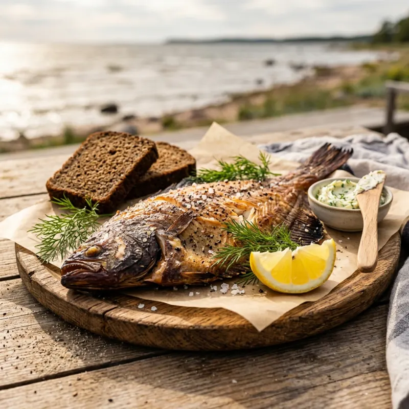 Alder-smoked Baltic flounder served on rustic wooden board with Estonian dark rye bread