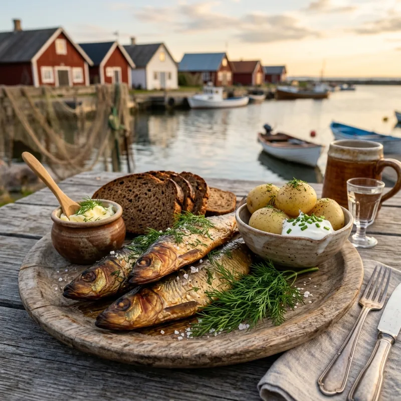 Freshly hot-smoked Baltic fish served with dark rye bread and potatoes in Lahemaa National Park