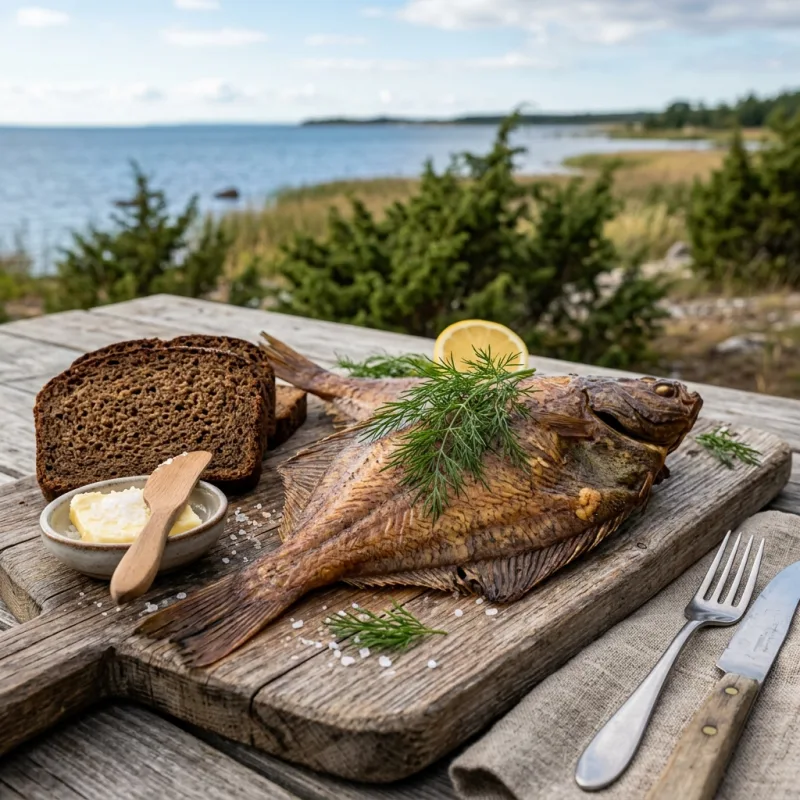 Smoked Baltic flounder suitsulest served with dark rye bread on a wooden platter
