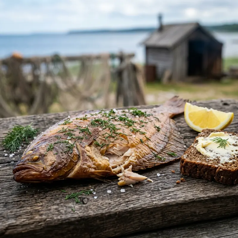 Authentic Estonian hot-smoked Baltic flounder on a wooden board with dark rye bread and dill