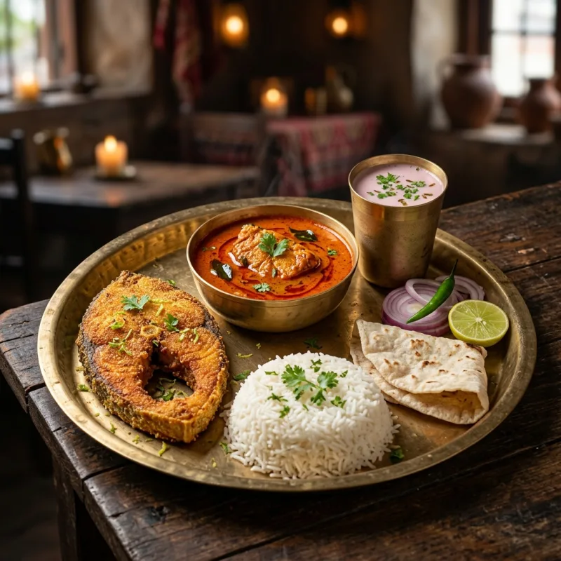 Traditional Konkani Surmai seafood thali featuring fried fish and curry