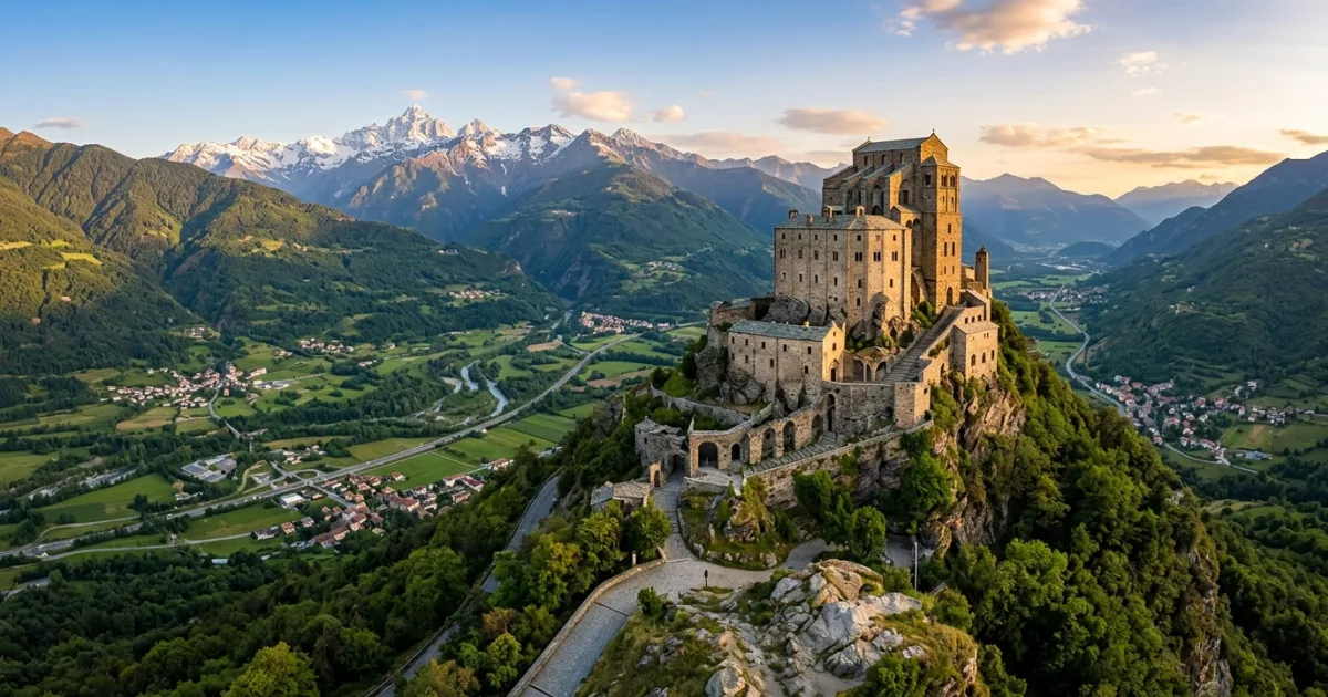 Panoramic view of Sacra di San Michele on a rocky mountain ridge overlooking the Susa Valley and Piedmont Alps
