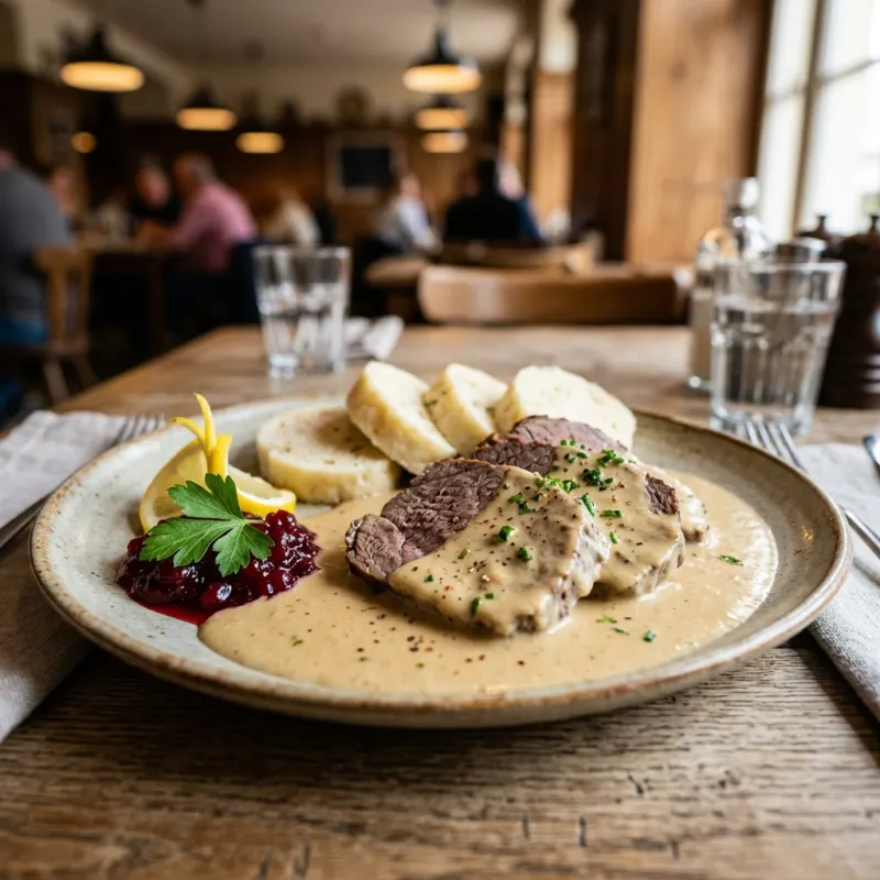 Authentic Czech Svíčková na smetaně with bread dumplings and cranberries