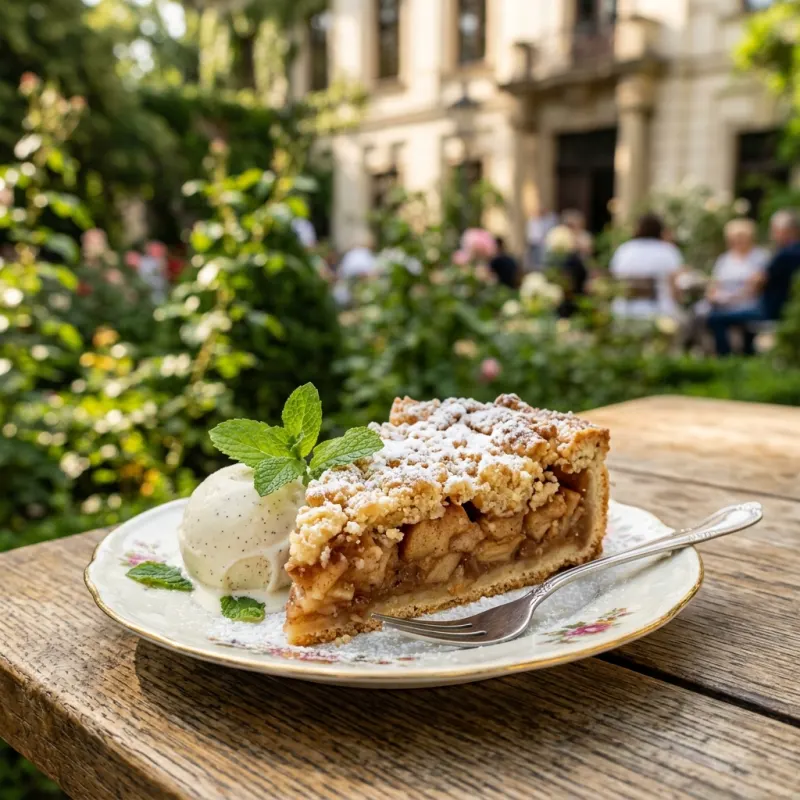 A slice of traditional Polish apple cake szarlotka on a porcelain plate