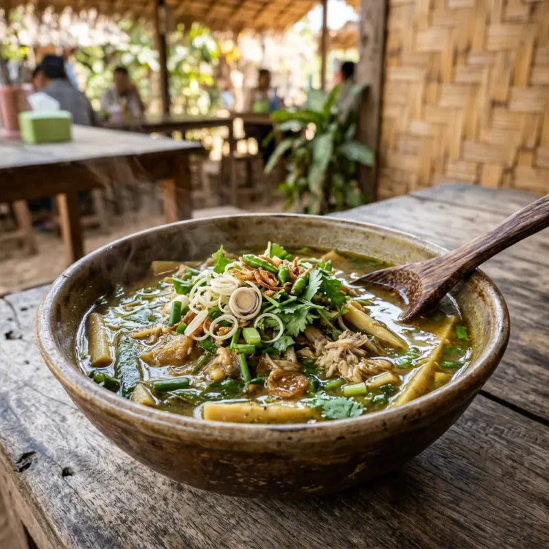 Traditional Karen Ta-La-Baw soup with bamboo shoots and leafy greens