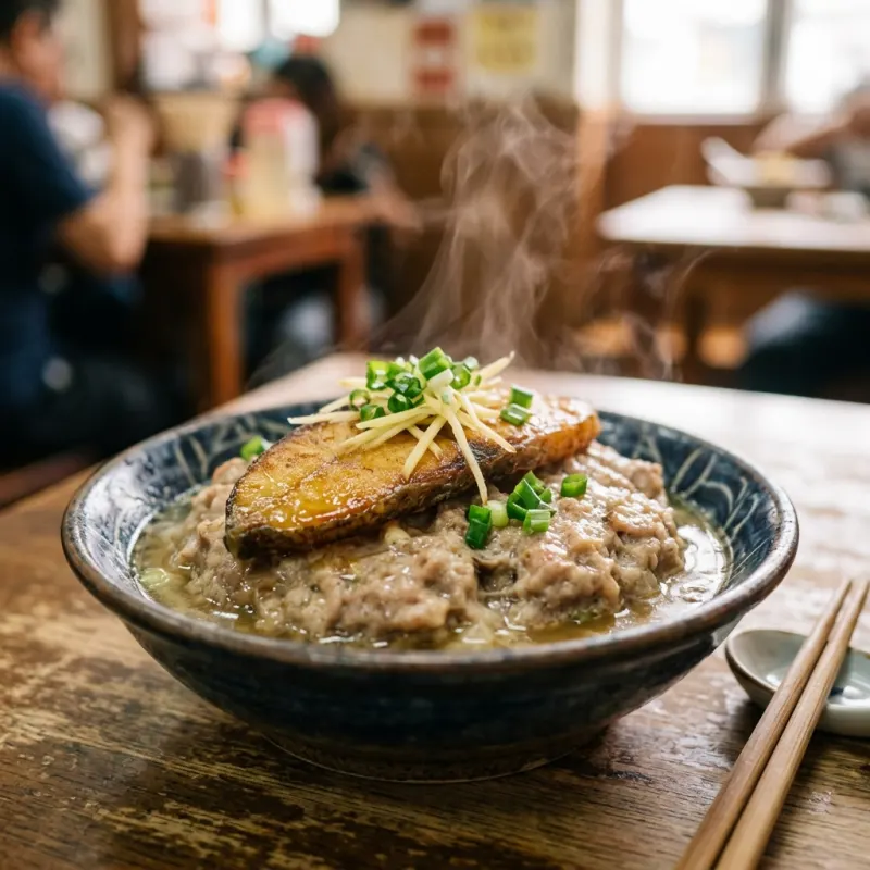 Authentic Cantonese steamed pork patty topped with Tai O salted fish and ginger