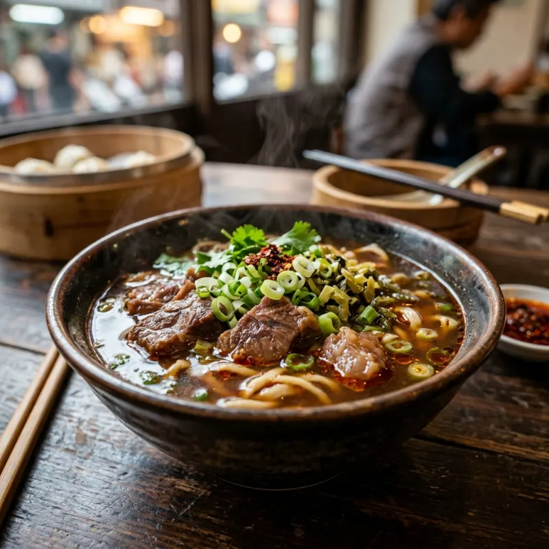 Authentic bowl of Taiwanese braised beef noodle soup with scallions and mustard greens