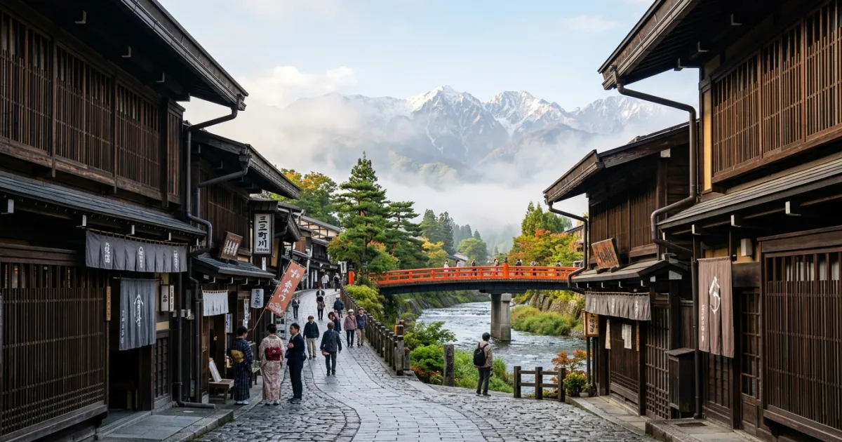 Historic Edo-period wooden merchant street in Takayama with mountain views