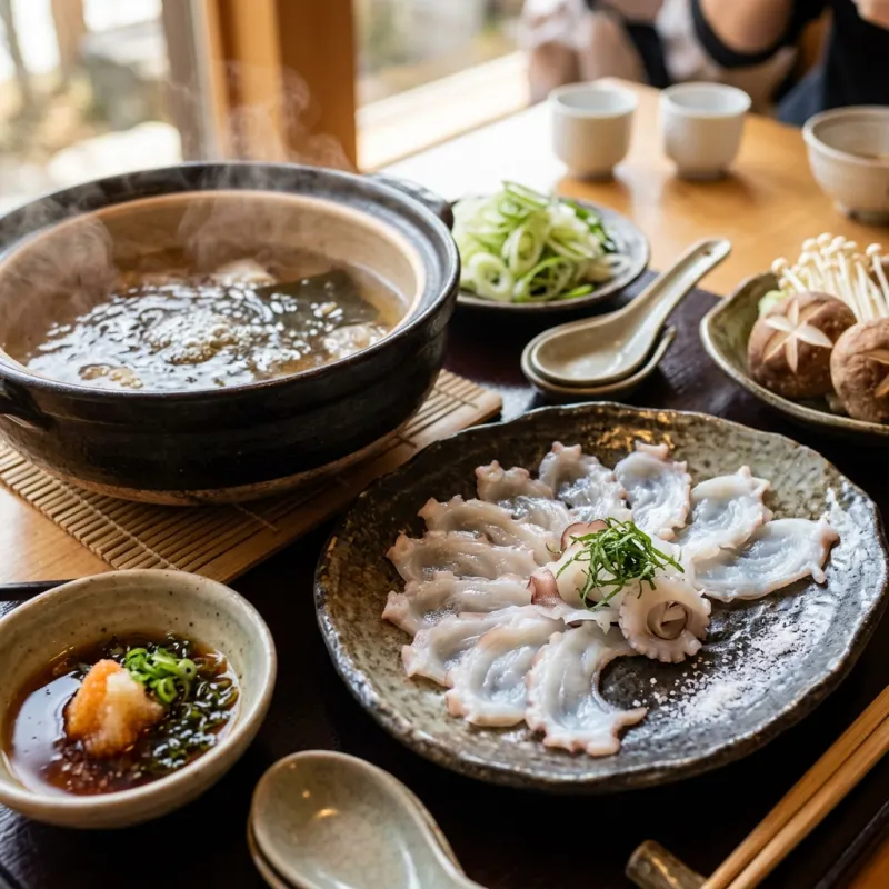 Thin slices of raw octopus prepared for Japanese tako shabu hot pot with broth