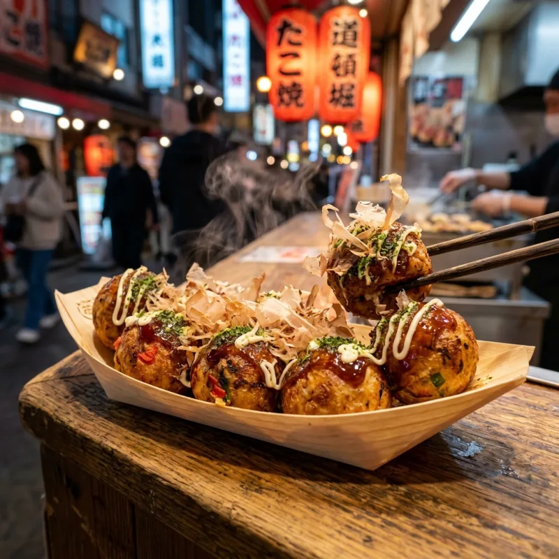 Freshly prepared takoyaki octopus balls served with savory sauce and bonito flakes in Osaka