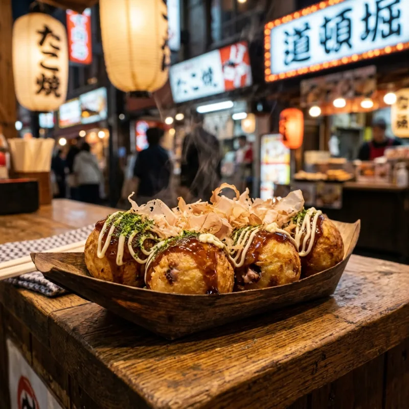 Freshly cooked Takoyaki octopus balls topped with sauce, mayonnaise, and bonito flakes in Osaka