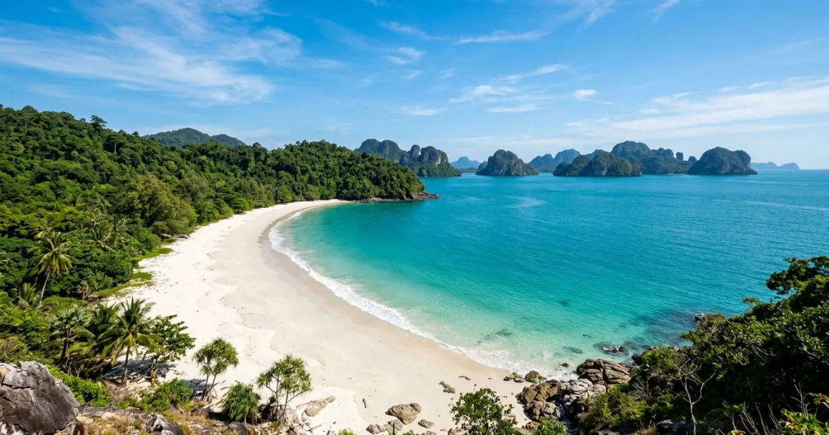 Panoramic view of a pristine tropical beach and turquoise water along the Tanintharyi Coast of Myanmar