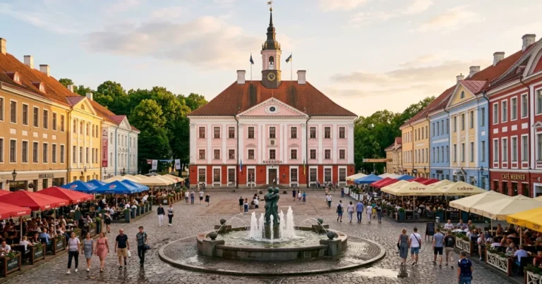 Tartu 2 Tartu Town Hall Square with the Kissing Students fountain and neoclassical architecture in Estonia