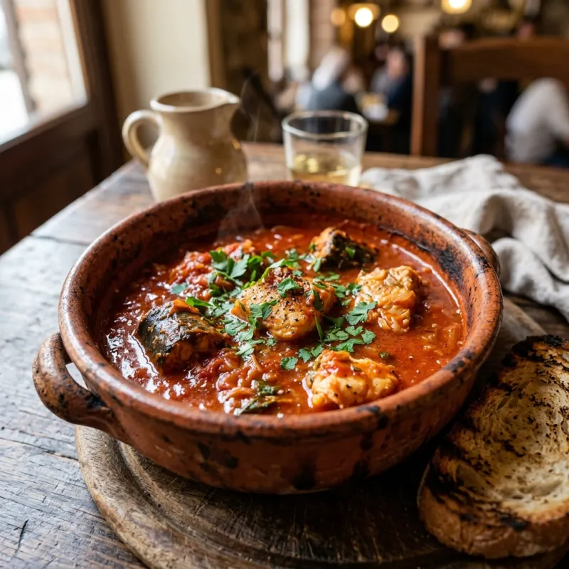 Tegamaccio del Trasimeno traditional Umbrian fish stew in a rustic earthenware pot