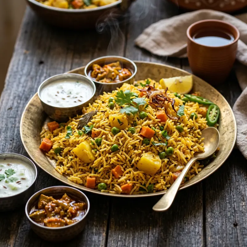 Authentic Nanded vegetable Tehri rice dish garnished with fresh herbs