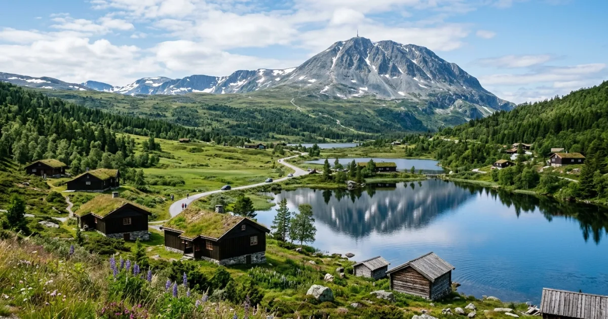 Panoramic view of Gaustatoppen mountain and alpine lakes in Telemark Norway