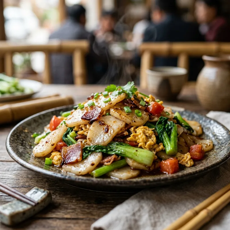 Authentic stir-fried rice cakes Dajiujia with ham and greens in Western Yunnan