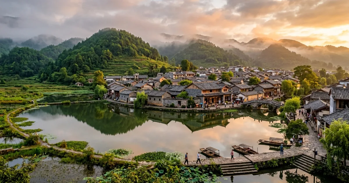 Panoramic view of Heshun Ancient Town in Tengchong Yunnan at golden hour
