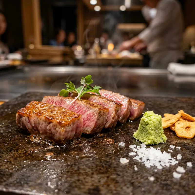 Slices of seared A5 Kobe beef steak on a teppanyaki grill with crispy garlic