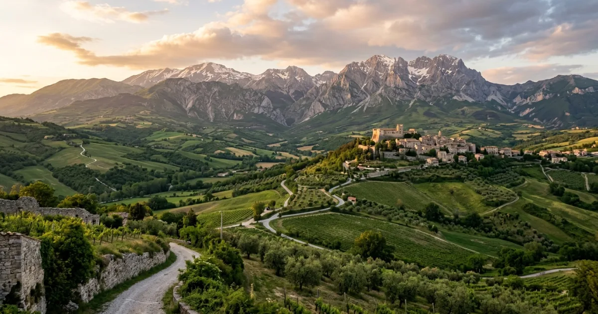 Panoramic landscape of Teramo province featuring rolling vineyards and the Gran Sasso mountains in Abruzzo, Italy