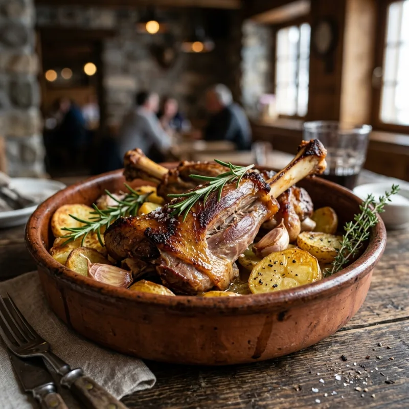 Roasted Ternasco de Aragón suckling lamb with potatoes in a clay baking dish