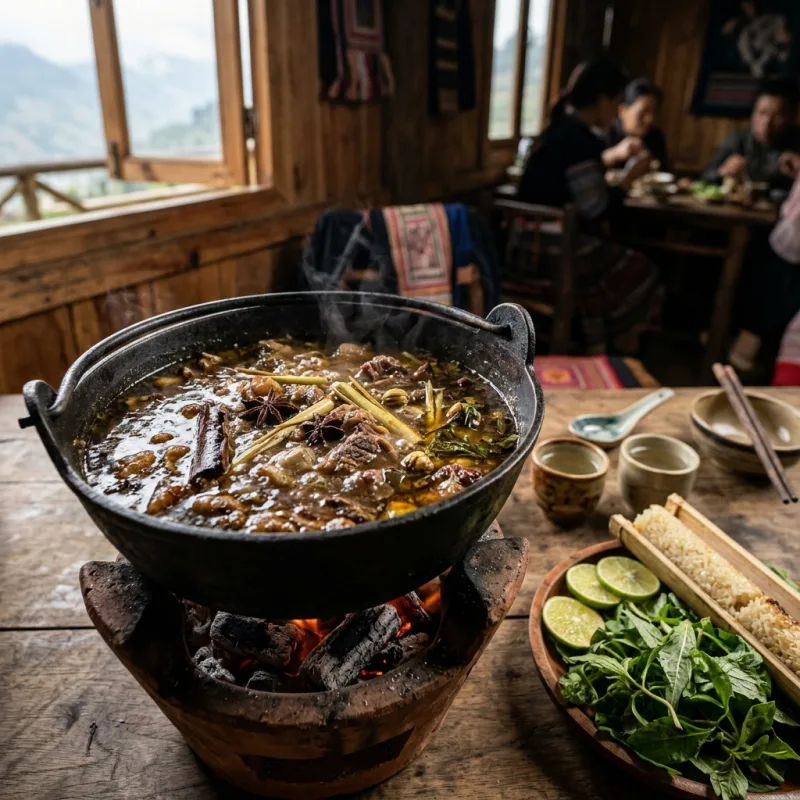Authentic Thang Co mountain stew served family style in Sapa Vietnam