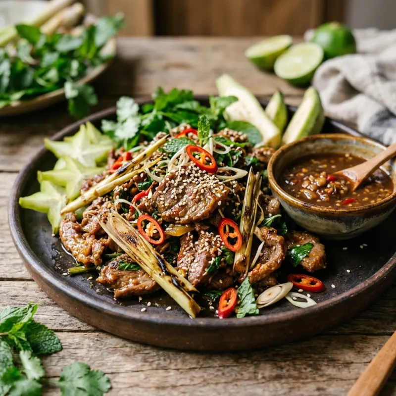 Authentic Ninh Binh mountain goat dish garnished with herbs and sesame seeds
