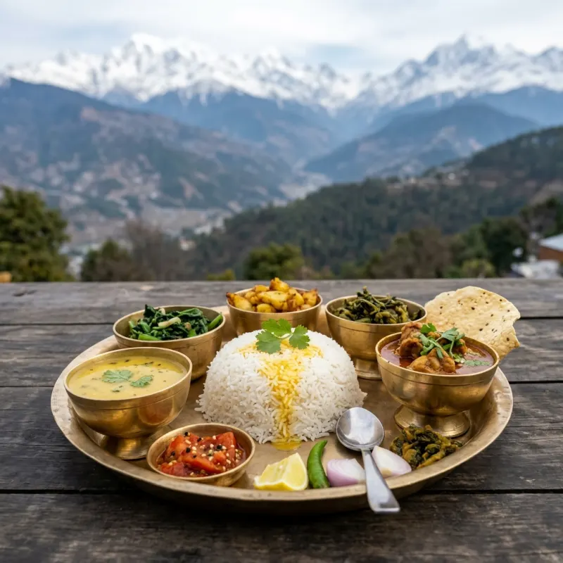 Traditional Nepalese Thakali Dal Bhat served on a brass platter in Nagarkot