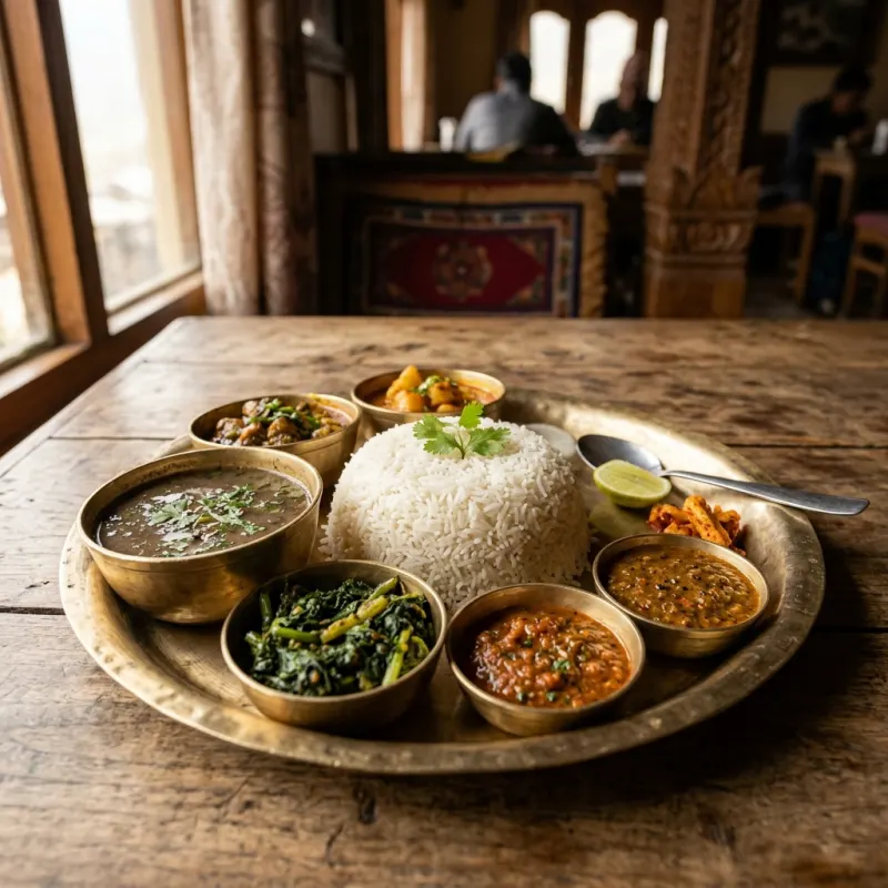 Authentic Thakali Khana Set served on a traditional brass thali platter in Jomsom