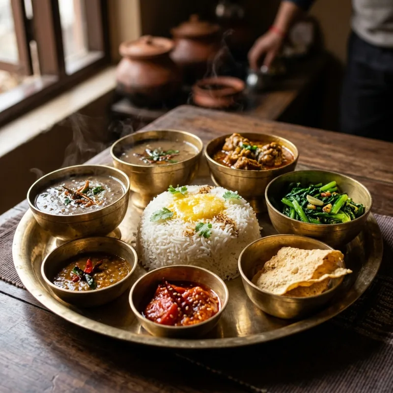 Authentic Nepalese Thakali Khana set on traditional brass platter