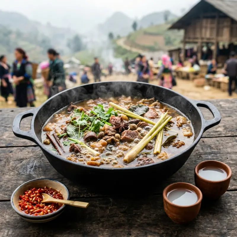 Steaming bowl of traditional Thang Co horse meat stew with mountain herbs in Ha Giang Vietnam