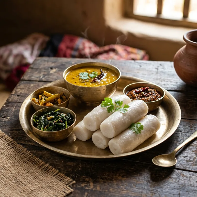 Tharu Dhikri steamed rice dumplings served with dipping sauces on a brass plate